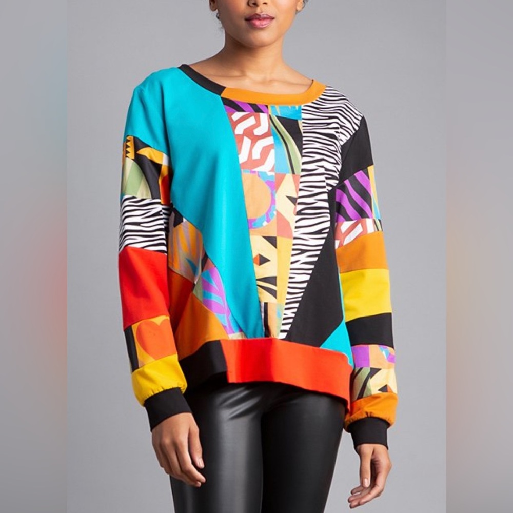 🆕 Berek Animal Print Patchwork Sweatshirt Multi Blue Orange Red Yellow Zebra